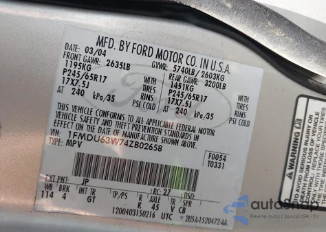 2004 Ford Explorer Xlt z USA, uszkodzony, nr VIN 1FMDU63W74ZB02658